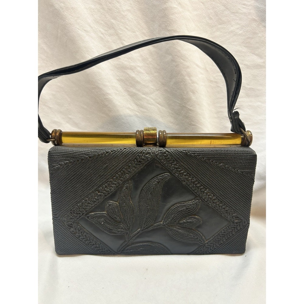 VTG 40s 50s Black Corde Top Handle Handbag Lucite Metal Floral